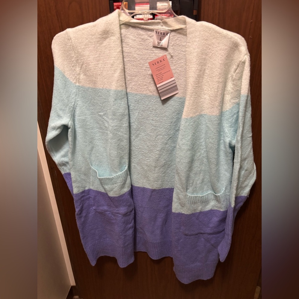 Serra L NWT Ladies Duster Cardigan | Colorblock Mint Purple Cream